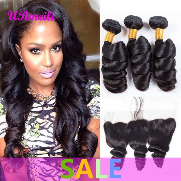 Peruvian Loose Wave Human Hair Bundles With Lace Frontal Pre Plucked 10A Peruvian Virgin Hair Weave Bundles 3/4PCS Natural Color Remy Hair