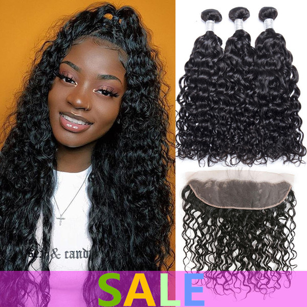 Brazilian Virgin Hair Water Wave Bundles With Frontal Human Hair 3/4 Bundles With Closure Remy Lace Frontal Closure With 30inch Bundles