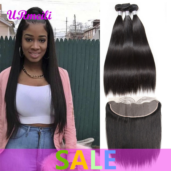 Peruvian Straight Virgin Hair Bundle with Frontal 3/4 bundles 9A Unprocessed human hair weave Virgin Hair lace frontal closure with bundles