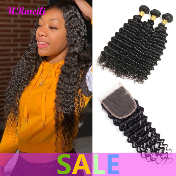 Deep Wave Human Hair Bundles With Lace Closure Virgin Human Hair Weave Brazilian Deep Wave Remy Hair Weave 3/4 Bundles With Closure