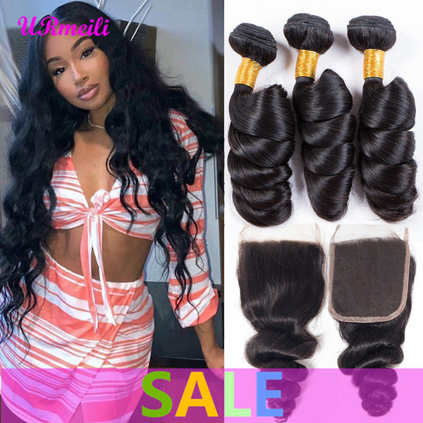 Loose Wave 3/4 Human Hair Bundles With Closure 100% Human Hair Loose Wave Bundles With Closure Brazilian Virgin Hair Weave Bundles