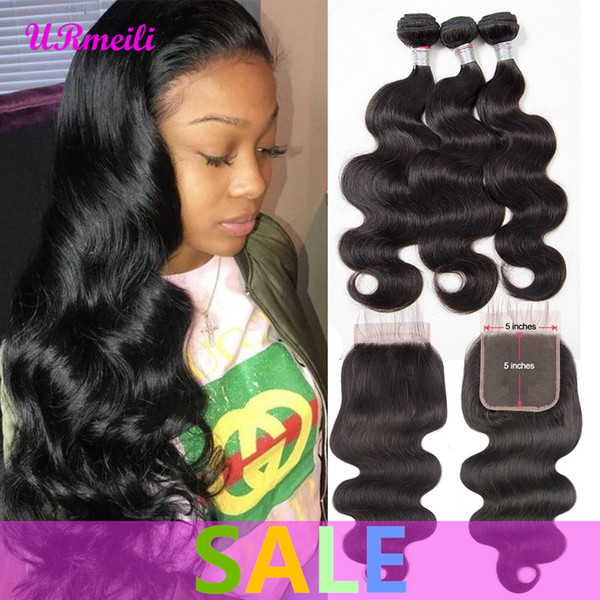 Brazilian Virgin Hair Body Wave Bundles With 5x5 Closure Free Part Brazilian Hair Weave 5x5 Closure With 3/4 Bundles Remy Natural Black