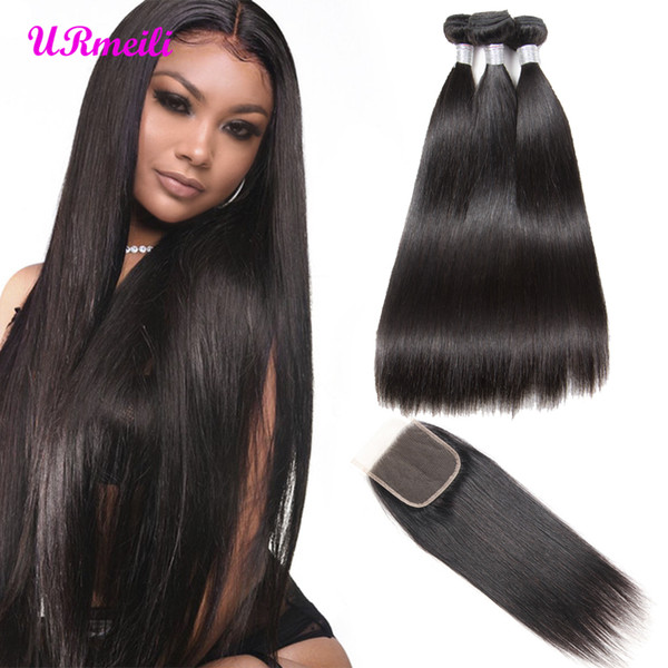 Brazilian Straight Virgin Hair 3/4 bundles with closures grade 9a hair 30 inch bundles straight Human Hair Bundles With Lace Closure