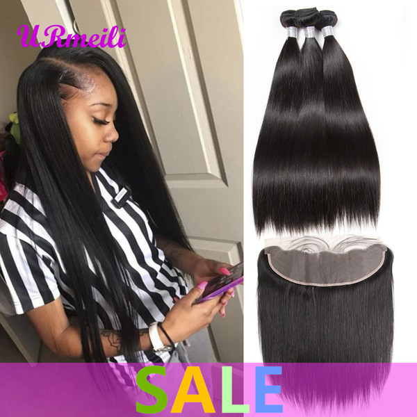 10A Peruvian Straight Virgin Hair 3/4 Bundles With Frontal DHgate Remy Human Hair Bundles URmeili Nice Pre Plucked Lace Frontal With Bundles