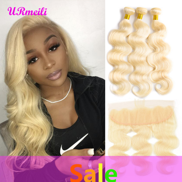 URmeili Brazilian Hair Weave Bundle Deals 613 Honey Blonde Body Wave DHgate Remy Human Hair Bundles with Closure Body Wave 13x4 Lace Frontal