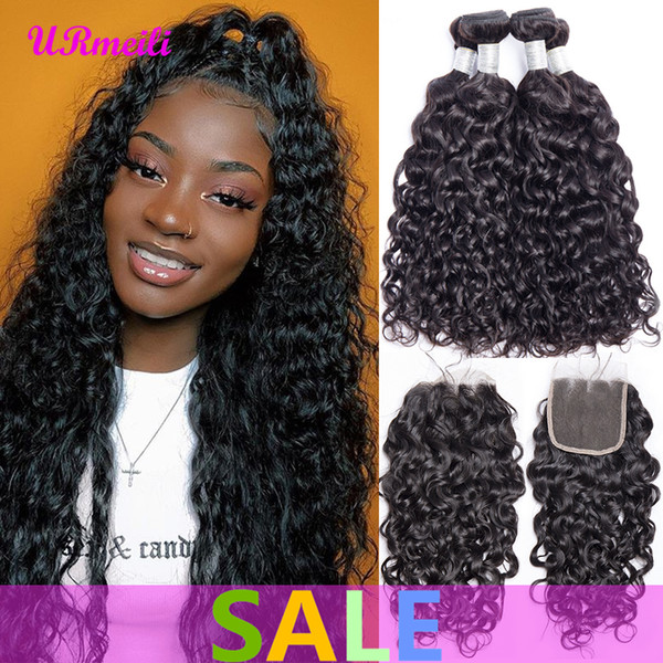 Water Wave Bundles With Closure Brazilian Virgin Hair Weave Bundles With Closure Remy Human Hair 3/4 Bundles With Closure