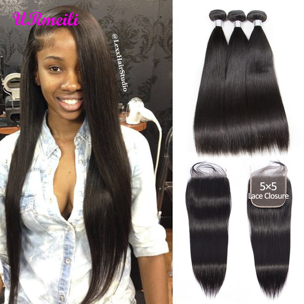 Indian Viagin Hair 5x5 Closure With Bundles Raw Indian Straight Hair Bundles With Lace Closure Remy Human Hair 3/4 Bundles With Closure