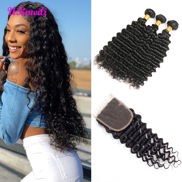 brazilian deep wave curly virgin human hair bundles with closure 10a grade virgin hair loose deep wave 3/4 bundles with lace closure