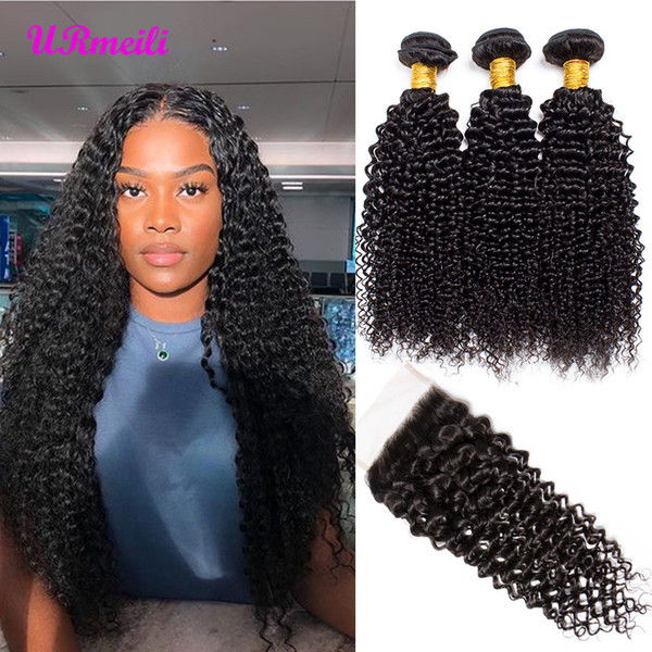 Kinky Curly Virgin Hair 3/4 Bundles With Closure Human Hair Bundles With Closure Remy 10A Raw Indian Unprocessed Hair Weave Curly Bundles