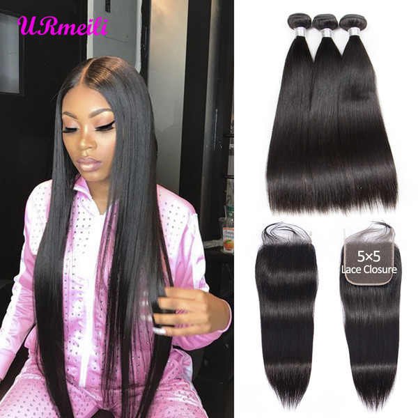 Peruvian Straight Virgin Hair Bundles With Closure DHgate 5x5 Lace Closure With 3/4 Bundles Weave Remy Human Hair Bundles With Closure