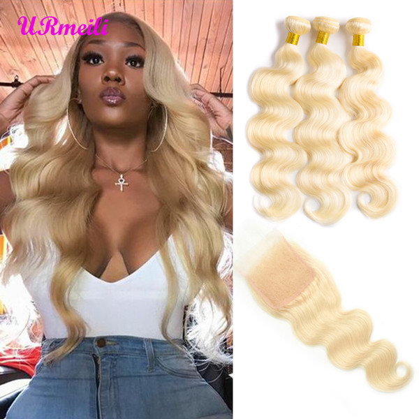 613 Honey Blonde Human Hair Bundles With Closure Malaysian Body Wave 4 Pcs/Lot Virgin Human Hair Bundles With Closure