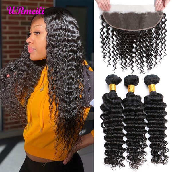 Indian Deep Curly Human Hair Bundles With Frontal Closure Virgin Human Hair Extension 10A DHgate Deep Wave Frontal Closure With 3 4 Bundles