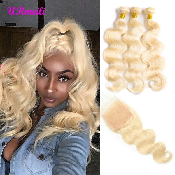 Brazilian Body Wave 613 Blonde Human Hair 3/4 Bundles With Closure Remy Virgin Hair Extension 10-30inch Hair