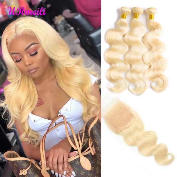 613 Blonde Hair Bundles Malaysian Body Wave 3/4 Bundles With Closure 4*4 Lace Size Remy Human Hair Bundles With Closure