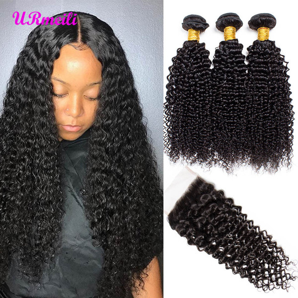 Kinky Curly Virgin Human Hair With Closure Raw Malaysian Virgin Hair 3 or 4 Bundles With Closure DHgate 10A grade Remy Human Hair