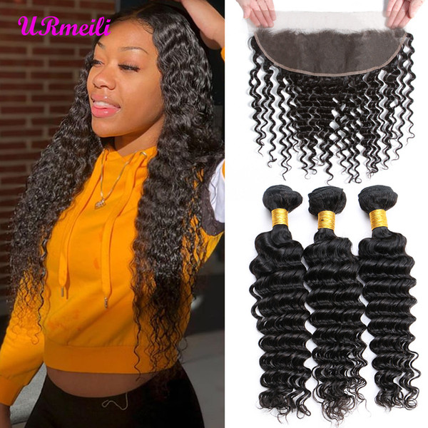 Brazilian Deep Curly Human Hair Bundles With Frontal Closure Virgin Human Hair Extension DHgate Deep Wave Frontal Closure With 3 4 Bundles