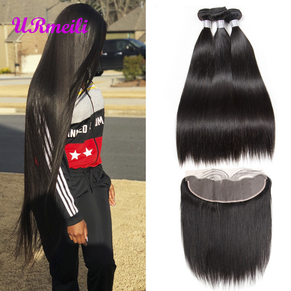 Straight Virgin Hair Bundles With Frontal Transparent Medium Brown Lace Color Remy Brazilian Human Hair Bundles With Frontal