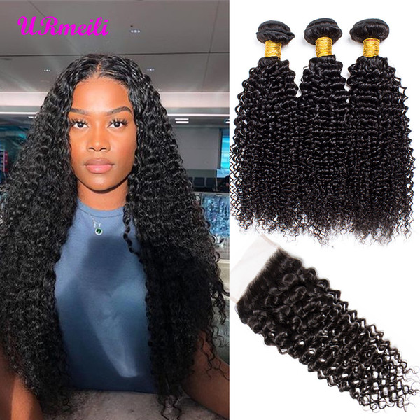 Kinky Curly Virgin Human Hair With Closure Raw Mongolian Virgin Hair 3 or 4 Bundles With Closure DHgate 10A grade Remy Human Hair