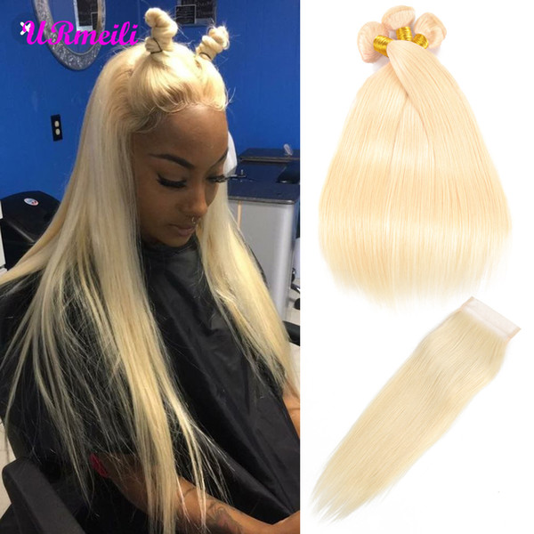 613 3/4 Bundles With 4x4 Lace Closure Brazilian Straight Human Hair Blonde Bundles Swiss Lace Remy Unprocessed Virgin Hair Free Shipping