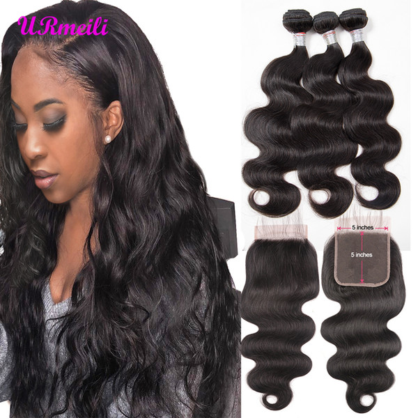 Urmeili Nice Brazilian Body Wave Virgin Hair 3/4 Bundles With 5x5 Lace Closure Double Weft Remy Human Hair Bundles With Closure