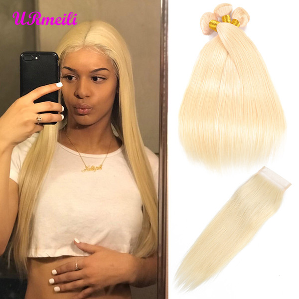 613 Blonde Human Hair Straight Brazilian Virgin Hair Weave Bundles with Closure,Remy Hair Deals 3/4 Bundles and Closure