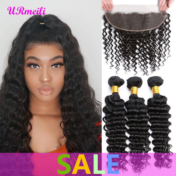 Deep Wave Virgin 3/4 Bundles With Closure 10A 100% Human Hair Bundles With Closure Brazilian Virgin Hair Weave Bundles Remy Hair Extension