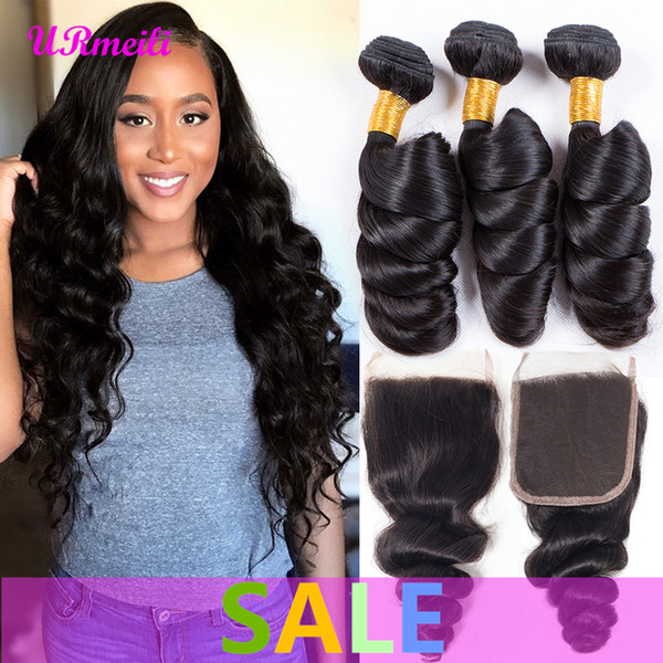 Peruvian Loose Wave Human Hair Bundles With Closure Transparent Lace Remy Human Hair Weave Natural Black Color 3/4 Bundles With Closure