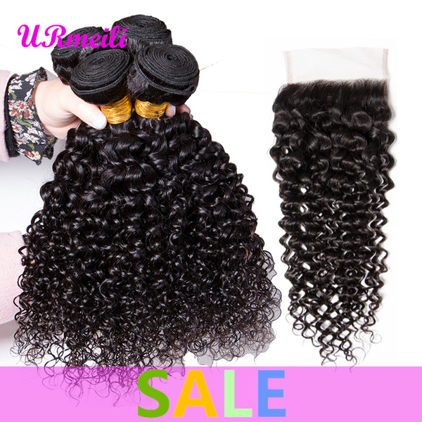 Kinky Curly Virgn Hair 3/4 Bundles With Closure Brazilian Unprocessed Virgin Human Hair With Closure DHgate Remy Curly Weave Hair 3 Bundles