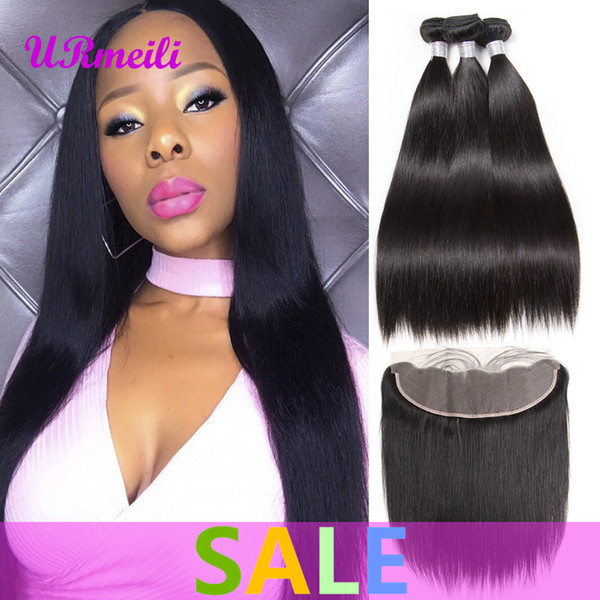 Brazilian Straight Virgin Human Hair Bundles With Frontal 13*4 Lace Frontal With Bundles 8A Alibaba Remy Human Hair 3/4 Bundles With Frontal