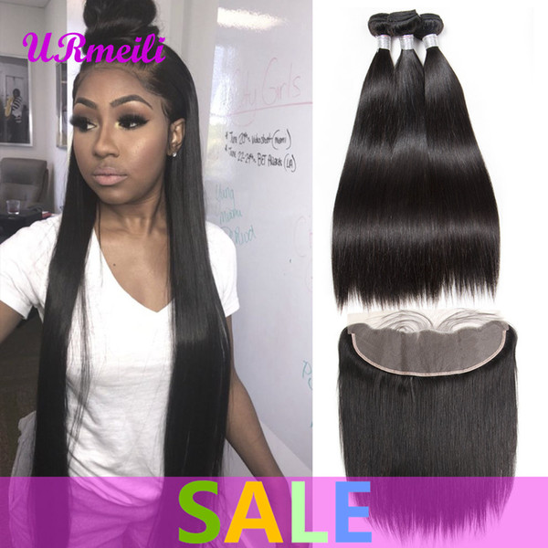 Straight Hair Bundles With Frontal Brazilian Virgin Human Hair Bundles With Closure 13*4Lace Frontal With Bundles URmeili Remy Hair alibaba