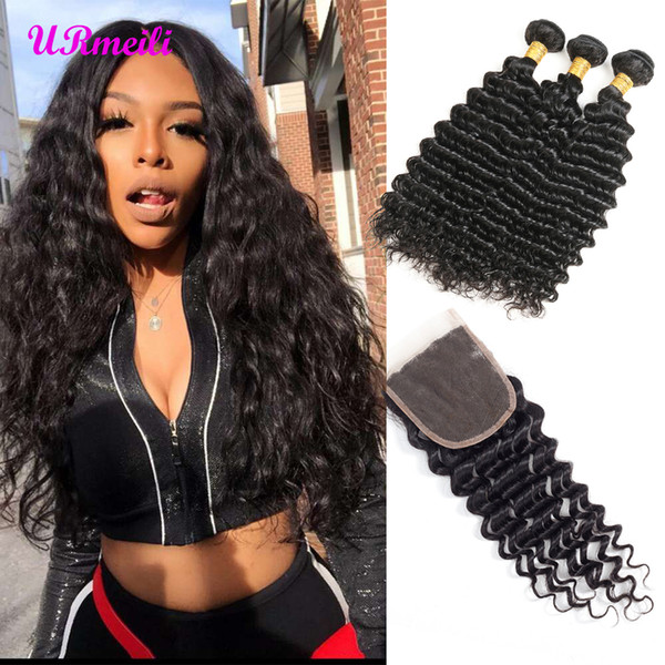 Brazilian Deep Wave Bundles With Closure Human Hair Bundles With Closure Brazillian Virgin Hair 3 Bundles With Closure Remy Hair Weave