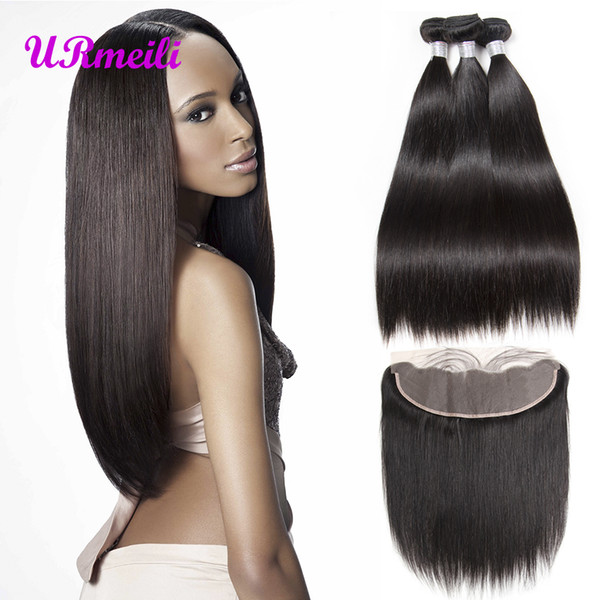 Brazilian Straight Virgin Hair Bundles With Frontal HD Transparent Lace Frontal Remy Human Hair 3 Bundles With Frontal Closure