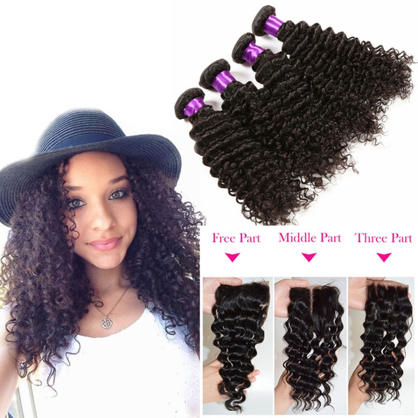 Brazilian Deep Wave Virgin Hair 4x4 Lace Closure With 4 Bundles Unprocessed Human Hair Extensions Natural Color 