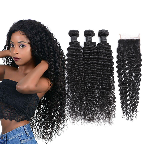 Brazilian Deep Wave With Closure Hair Bundles With 4x4 Closure 3 Bundles Brazilian Virgin Hair With Closure Unprocessed Human Hair Weaves