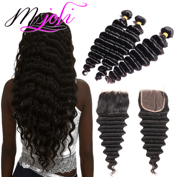 Brazilian Hair Weave 4 Bundles with Closure Loose Deep 100% Human Hair Bundles with 4x4 Closure Loose Deep Hair 4 Bundles with Closure