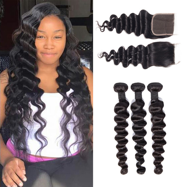 9A Remy Brazilian Hair Loose Deep Hair Bundles With Lace Closure 100% Unprocessed Human Hair