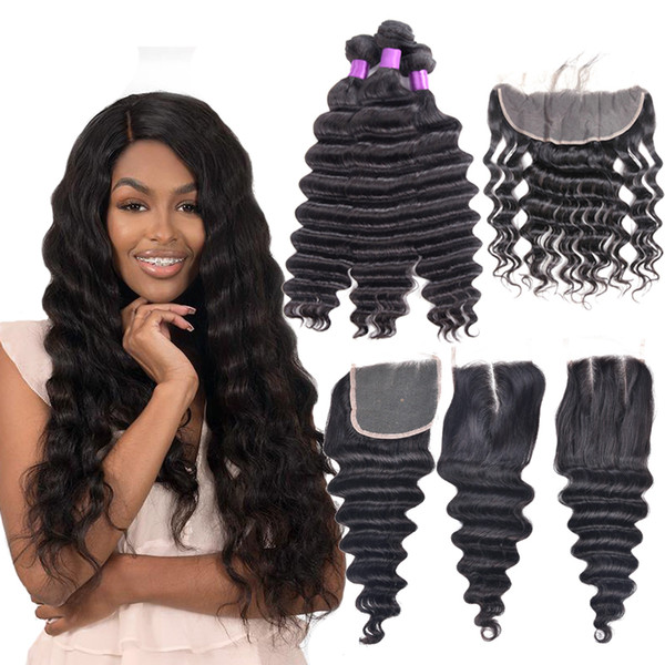 Brazilian Loose Deep Wave 3 Bundles with Free Middle Closure Double Weft Human Hair Extensions Dyeable Human Hair Bundle with Frontal