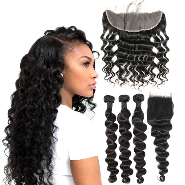 Brazilian Loose Deep Wave Human Hair Bundles With 4x13 Lace Frontal Closure Ear to Ear Lace Frontal With Bundles Brazilian Virgin Hair