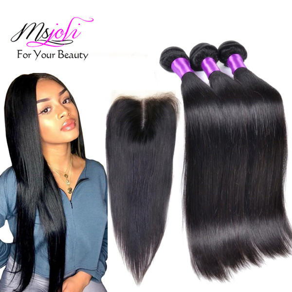 Brazilian Virgin Human Hair Weave Unprocessed Silky Straight Natural Color 3 bundles with closure Peruvian Indian human hair with closure