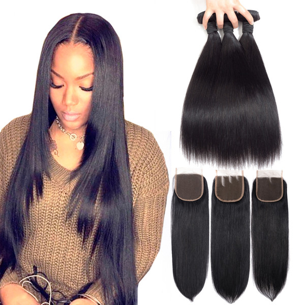 Straight Lace Closure With Hair Bundles 8A Peruvian Virgin Human Hair Straight 3Pcs Peruvian Straight Human Hair Weave With 4x4 Lace Closur