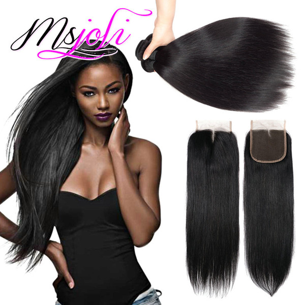 Brazilian Straight Virgin Hair With Closure 3 Bundles Human Hair Weft 4x4 Lace Closure With Brazilian Straight Hair