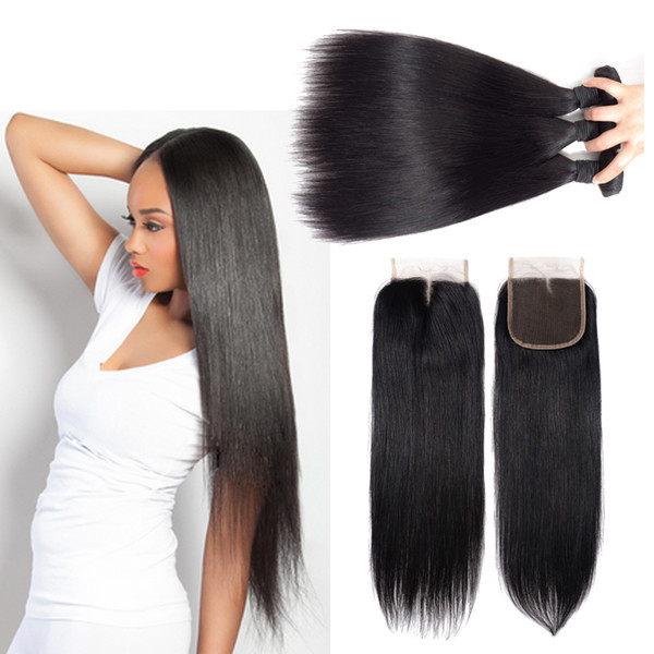 Msjoli Indian virgin human hair weave unprocessed 4x4 lace closure with 3 bundles straight natural color unprocessed remy hair bundles