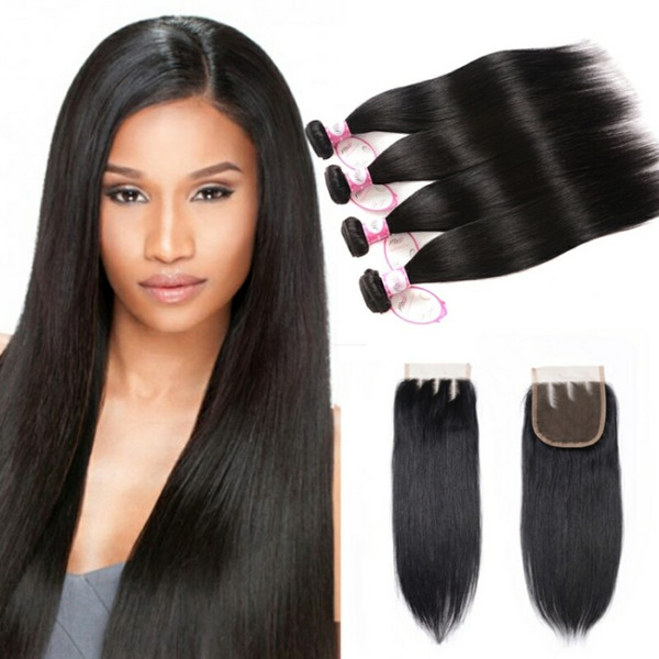 8A Unprocessed Brazilian Straight Hair With 4*4 Closure Straight Human Hair 4 Bundles With Closure Brazilian Straight Human Hair Extensions