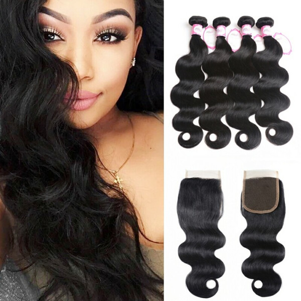 Body Wave Brazilian Human Hair 4 Bundles with Closure Cheap Brazilian Virgin Hair Extensions Body Wave Bundles with 4x4 Lace Closure Weave