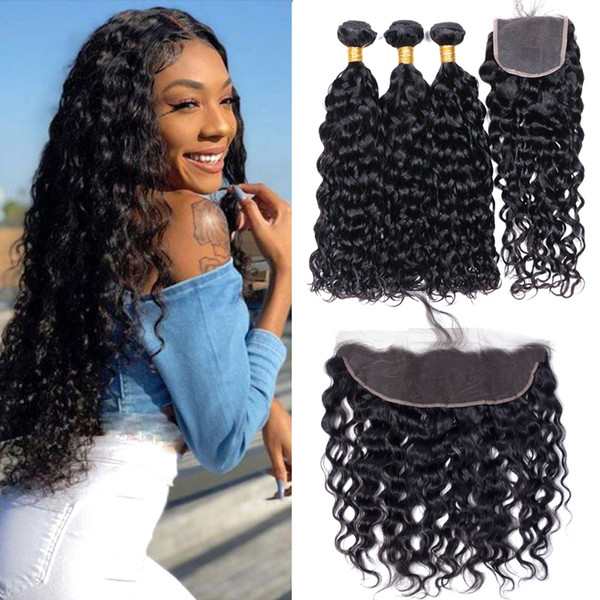 Unprocessed Brazilian Virgin Hair Bundle Deals Water Wave Human Hair with Closure Natural Wave Hair Bundles with Lace Frontal Weaves Closure