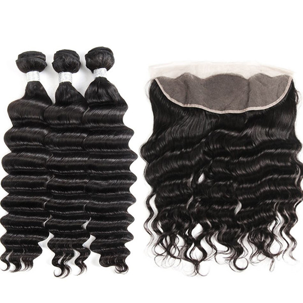 8A Indian Loose Deep Wave Hair Bundles With Lace Frontal Indian Virgin Hair Extensions 3 Bundles With 13X4 Ear To Ear Lace Frontal