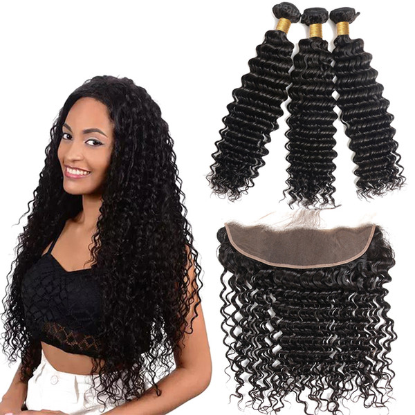 Deep Wave Brazilian Hair Weave 3 Bundles with Closure Remy Human Hair and 1PC 13x4 Lace Frontal Closure Brazilian Peruvian Indian Hair