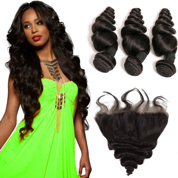 Msjoli Brazilian Peruvian Loose Wave Bundles With Frontal Closure 10A Remy Human Hair Weave Extension Pre Plucked Lace Frontal With Bundles