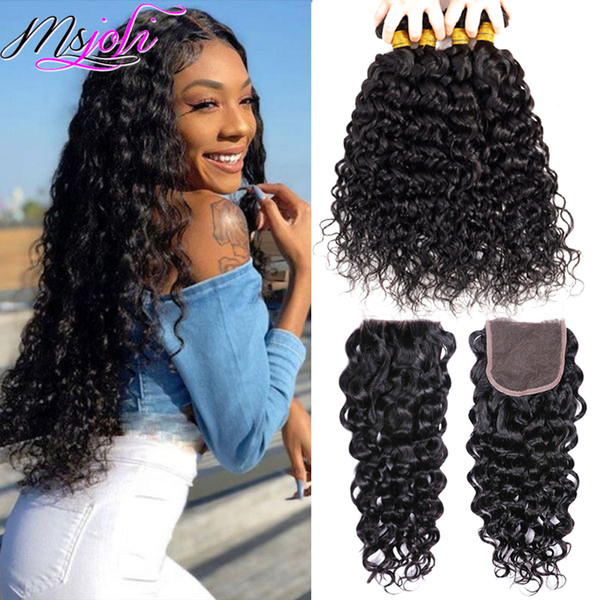 Buy 4 Bundles Get One Free Closure Water Wave Bundles With Closure 4x4 Lace Closure With Human Hair Bundles Brazilian Virgin Hair