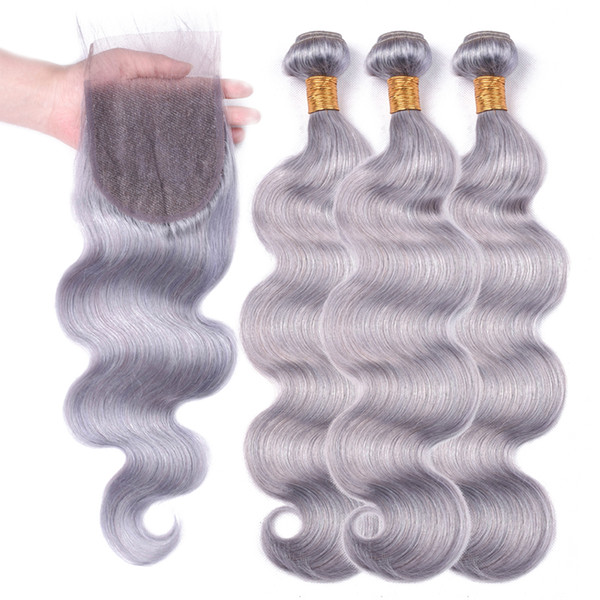 Msjoli Hair Grey Pure Color Peruvian Virgin Hair 3 Bundles With Lace Closure Body Wave Cheap Hair Three Bundles a lot